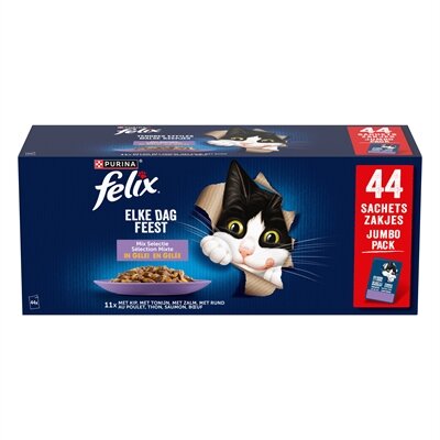 Felix pouch elke dag feest in gelei mix box tonijn / zalm / rund / kip