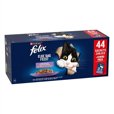 Felix pouch elke dag feest in gelei mix box tonijn / zalm / rund / kip