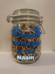 Voorraadpot bedrukt met tekst en snacks naar keuze Voorraadpot bedrukt met tekst en snacks naar keuze